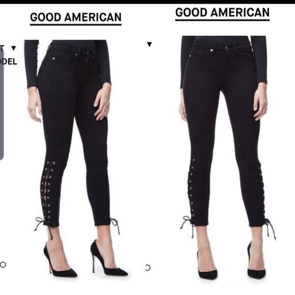NWT Good American good legs crop black lacce up 00 - Picture 1 of 6